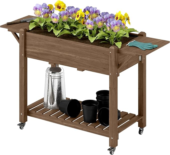 Strong Wood Raised Garden Bed with Lockable Wheels Side Benches Bottom Level Shelf Efficient Drain Holes Charred Finish
