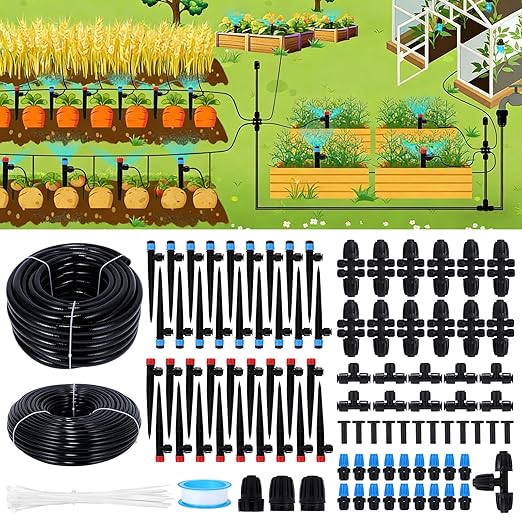 300FT Drip Irrigation System Kit Automatic Garden Watering Misting System with 70FT1/2 inch Hose 230FT 1/4 inch Distribution Tubing and Accessories for Garden Lawn Greenhouse Plant Flower Bed