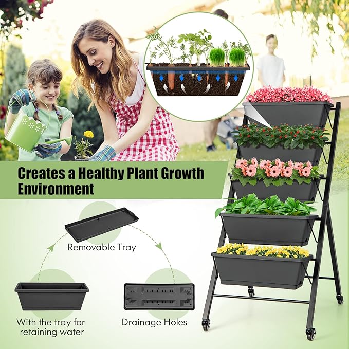 HAPPYGRILL Vertical Raised Garden Bed 5-Layer Freestanding Garden Planter with Drainage Holes Container Boxes Elevated Planter Box for Herb Vegetable Flower Growing Dark Grey