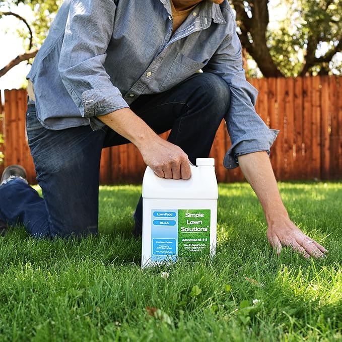 Advanced 16-4-8 Lawn Fertilizer - Liquid Lawn Food Spring &amp Summer Concentrated Spray - Any Grass Type- Fish and Seaweed Kelp- Balanced NPK - Simple Lawn Solutions (1 Gallon)