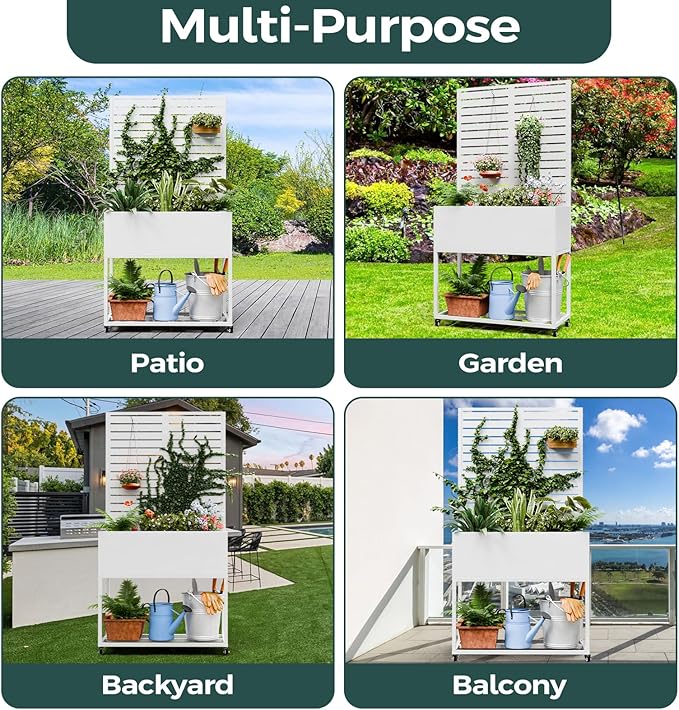 Metal Planter Box Multi-Functional &amp Easy to Assemble 67 H x 35 W Raised Garden Bed for Climbing Plants Elevated Standing Garden Planter with Drainage Holes for Outdoor Patio White