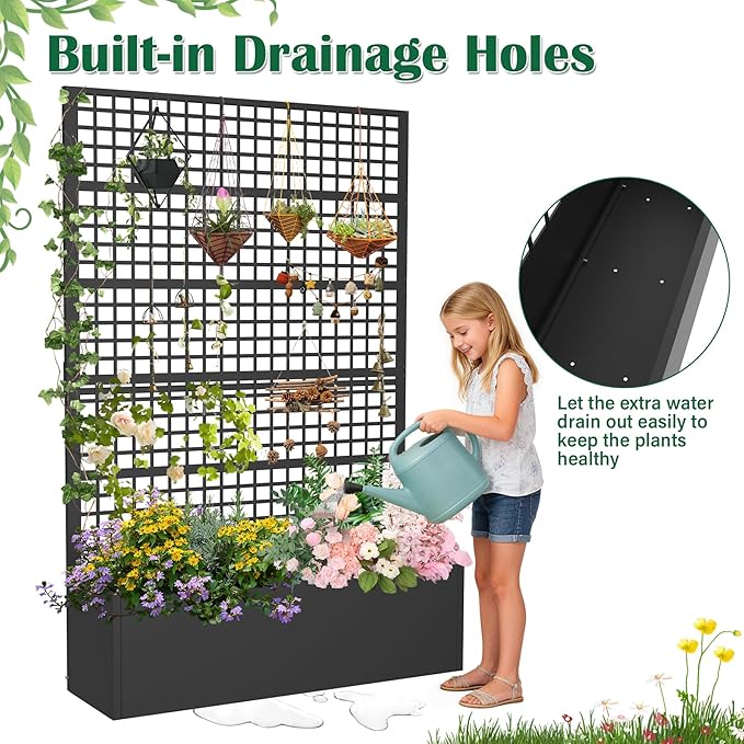 Metal Planter Box with Trellis 47 L x 16 W x 72 H Raised Garden Bed with Privacy Screen Privacy Planters for Climbing Plants Flowers Vegetables Fruits