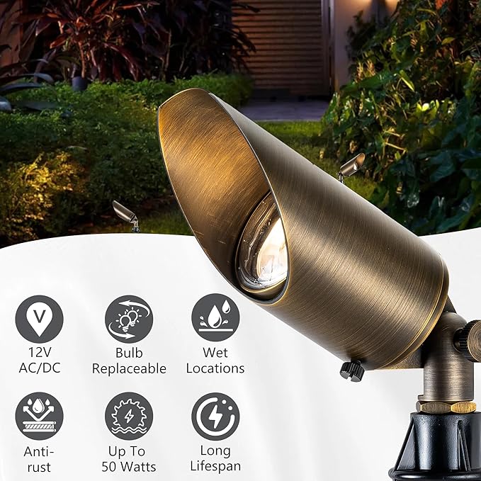 LumStory Brass Low Voltage Landscape Spotlight 12V Bronze Waterproof Shroud Adjustable Outdoor Landscape Lighting with MR16 LED Bulb 5W 3000K 4-Pack
