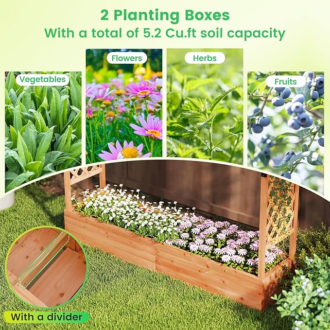 Giantex Raised Garden Bed with Trellis &amp Hanging Roof Wood Planter Box with Bottom and Drainage Holes Freestanding Garden Planter for Flower Vegetable Fruit Herb Climbing Vines 77x17x72