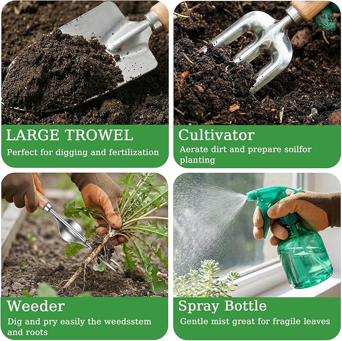 Heavy Duty 10-Piece Garden Tool Set Rust-Proof Stainless Steel Gardening Hand Tools Ergonomic Non-Slip Grips Ideal Gardening Gifts for Women &amp Men – Gardening Essentials (Green)