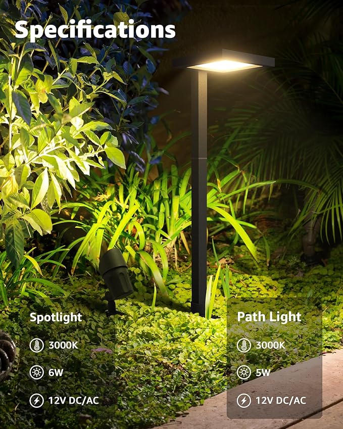 SUNVIE All-in-ONE Landscape Lighting Kit 6-Pack Anti-glare LED Pathway Lights 2-Pack Spotlights 60W Transformer 100FT 16/2 AWG Wire and Connectors Outdoor Landscape Lighting for Walkway Garden Yard