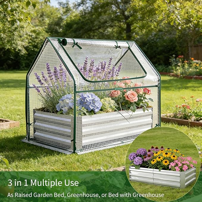 Miory Raised Garden Bed with Cover 3.9x2.5x1ft Galvanized Steel Planter with Mini Greenhouse Cover Dual Zippered Screen Windows Open Base for Vegetable Gardening