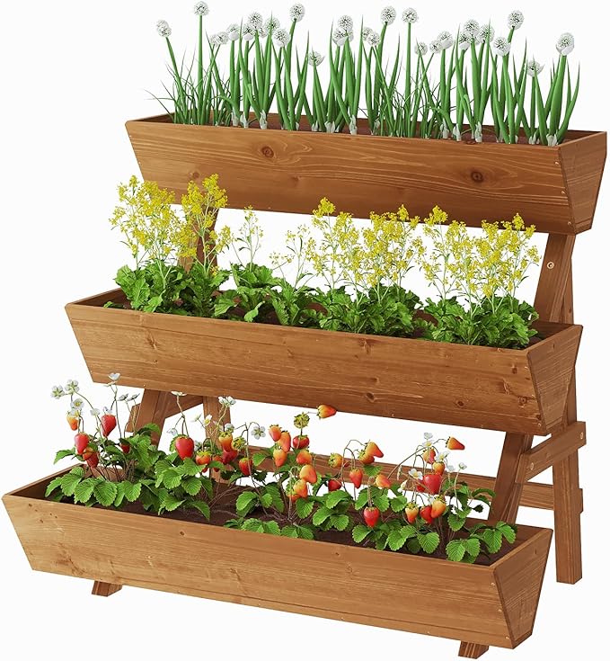 3-Tiers Wooden Raised Garden Bed Tiered Planter Box Flower Pots Vertical Garden Planter Wood Plant Stand for Vegetables Flowers Herbs for Patio Balcony Freestanding (Brown L)