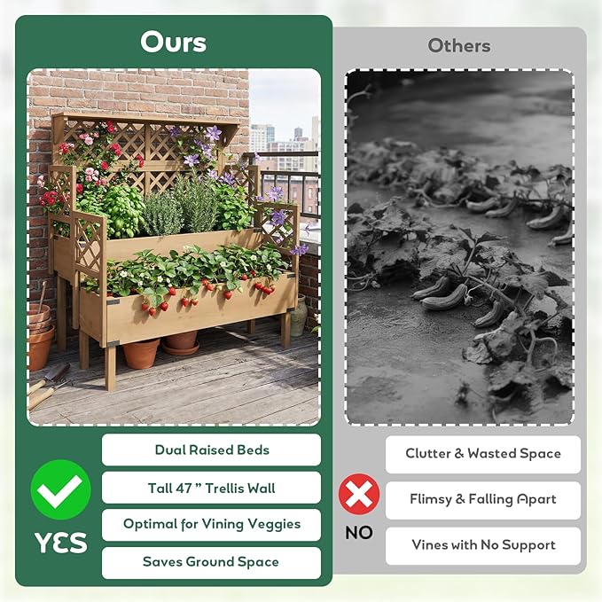 Raised Garden Bed with Trellis &amp Top Shelf Outdoor Elevated Planter Box with 2 Planting Areas Liner &amp Metal Corners for Climbing Plants Vegetables Herbs