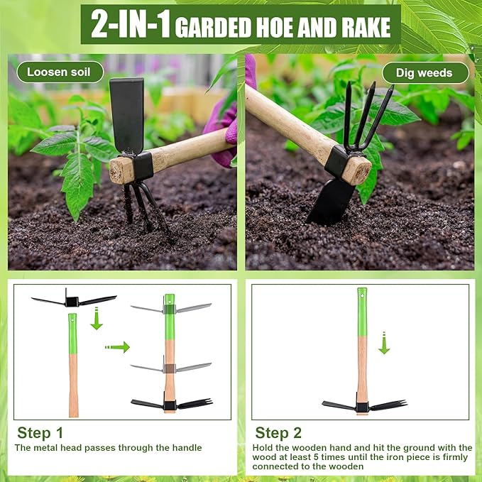 2 Pcs Garden Tool Set - Heavy Duty Pruning Shears &amp 2-in-1 Hoe Cultivator for Weeding Digging &amp Trimming 5/8-inch Cut Capacity Clippers Gardening Hand Tools for Home and Raised Bed