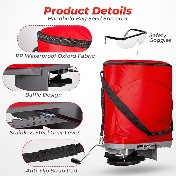 Walensee Handheld Seed Spreader with 25lb Bag Frame Support Flow Control Enclosed Gears Rear Baffle Adjustable Strap &amp Goggles – Bag Seeder for Lawn and Garden Red