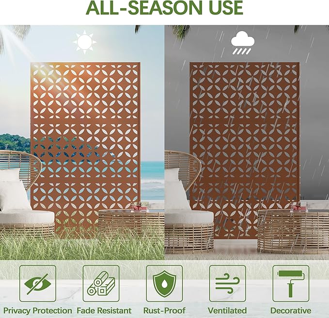 Metal Privacy Screen Outdoor 72 H×44 W -Brown Freestanding Outdoor Privacy Panels with Stand Decorative Fence for Patio Deck Balcony（Clover）