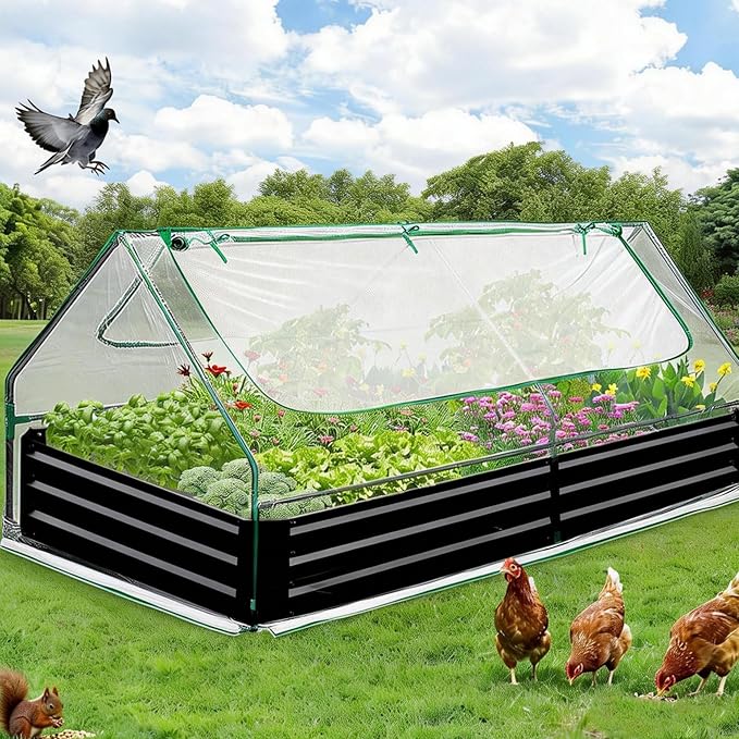 Raised Garden Bed with Cover 8x4x1 Ft Outdoor Galvanized Metal Planter Box with 2 Screen Windows Mini Greenhouse for Vegetables and Flowers Clear Top Cover