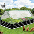 Raised Garden Bed with Cover 8x4x1 Ft Outdoor Galvanized Metal Planter Box with 2 Screen Windows Mini Greenhouse for Vegetables and Flowers Clear Top Cover