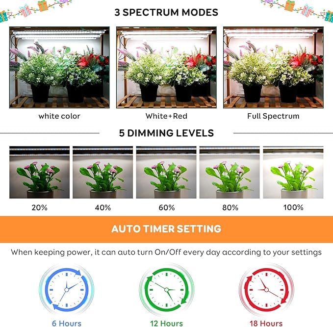16'' 6 Bars Grow Light Strips for Indoor Plants with Auto ON/Off Timer 6/12/18H 5 Dimmable Levels for Shelves Plant Growing(Pack 1)