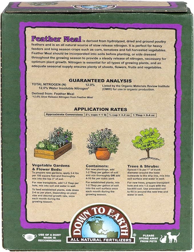 Down To Earth All Natural Fertilizers Organic Feather Meal - Slow Release Nitrogen Plant Food for Green Growth 12-0-0 4 lb
