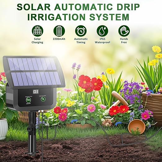 LCD Display Solar Drip Irrigation System Kit 30 Working Modes &amp 10 Watering Interval Solar Powered Drip Irrigation Kit Supports 15 Potted Plants 2200mAh Automatic Watering System for Garden