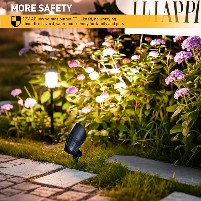 GOLDEN STAR Low Voltage Landscape Lights 5W 400 Lumen 2700K Warm White Outdoor LED Spotlights 12V Flood Lighting with Connector and Stake 8401-2650-G06