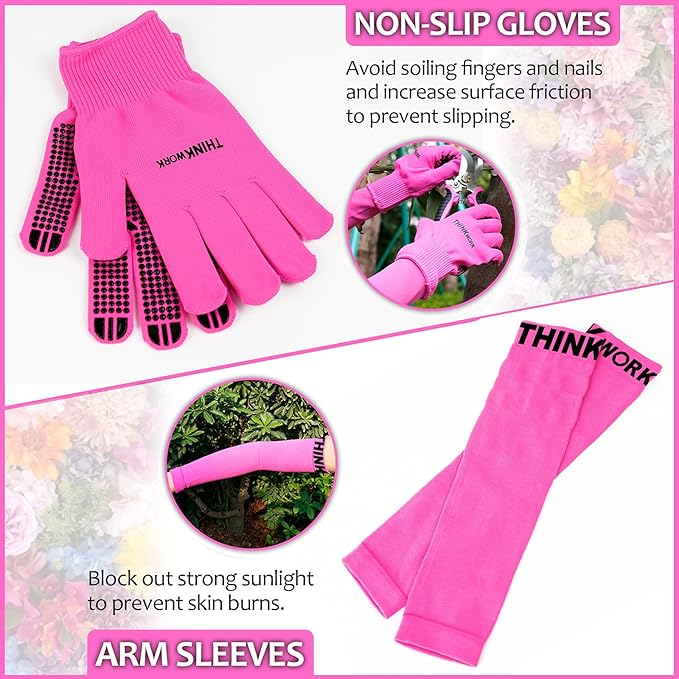 THINKWORK Pink Garden Tools Gardening Gifts for Women with 2 in 1 Detachable Storage Bag Trowel Transplanter Rake Weeder Cultivator Purning Shears and 3 Additional Protection Tools