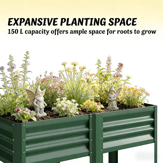 Elevated Outdoor Raised Garden Bed with Legs - 39.6-Gallon Galvanized Steel Planter Box for Patio Herbs Vegetables &amp Flowers - Ergonomic Height 33lb Storage Shelf (Green)