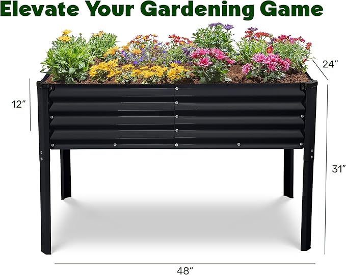 Galvanized Raised Garden Beds Outdoor with Legs // 48×24×31in Elevated Planter Box for Vegetables Flowers (Black) // Large Metal Garden Bed for Backyard Patio Gardening