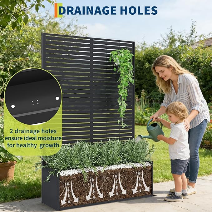 Garvee Metal Raised Garden Bed with Trellis 71x47x16 Metal Planter Box with Trellis Privacy Screen for Climbing Plants Vegetable Vines Drainage Holes 15.8 Deep Planting Bed Black