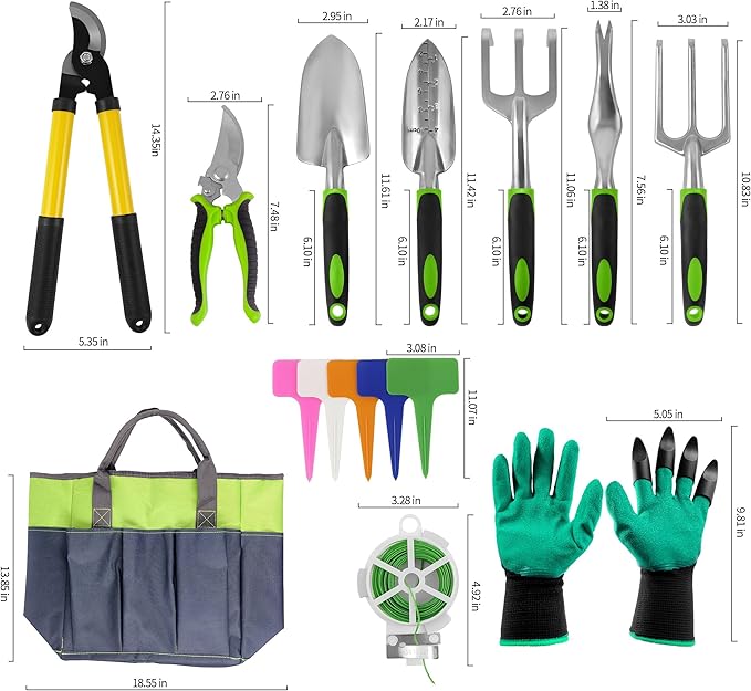 41-Piece Premium Gardening Tool Set Stainless Steel Heavy Duty Gardening Tool Kit with Non-Slip Rubber Grip Storage Tote Bag Outdoor Hand Tools Ideal Gardening Gifts for All (Green/Grey)