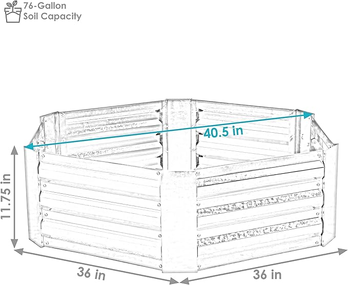 Sunnydaze Silver Corrugated Galvanized Steel 24 x 11.75 Square Planter and 40.5 x 11.75 Hexagon Raised Garden Beds for Vegetables Plants and Flowers
