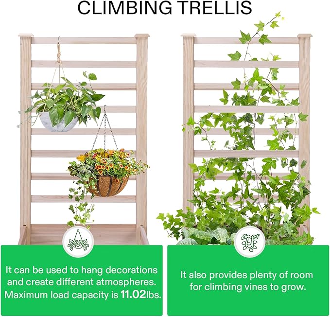 VIVOSUN Wooden Raised Garden Bed 48 x 24 x 30 Inches Outdoor Wood Planter Box with Gloves and a Liner with Trellis for Vine Climbing for Garden Patio Balcony Backyard and Outdoors (Pack of 2)