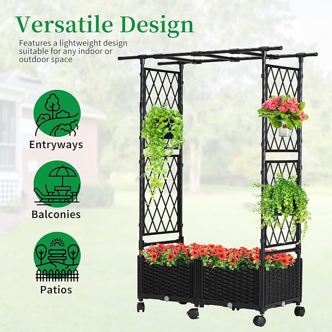 Planter Box with Trellis Outdoor 53.1in Plastic Raised Garden Bed with Trellis Hanging Roof for Vine Flower with Lockable Wheels &amp Drain Plug for Patio Backyard Balcony Black 1 Pc