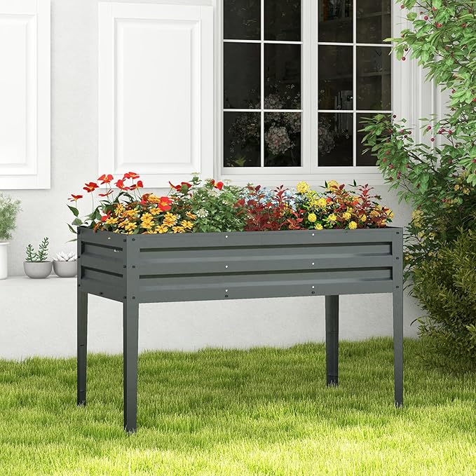 HAPPYGRILL Raised Garden Bed Galvanized Garden Box with Legs Drainage Holes 2 Gloves Outdoor Planter Box for Garden Backyard &amp Patio 46”x 24” x 32” Grey