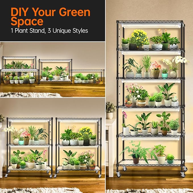 Bstrip DIY Plant Shelf with Grow Light Grow Light Shelf with Adjustable Rack and Wheels Plant Stand 8-Pack 192W T8 Full Spectrum Lamps ideal for Seed Starting Seed Tray 29.5L x 13.8W x70.9H