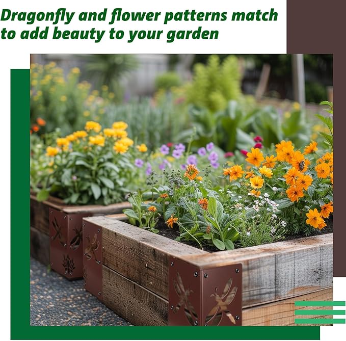 Duraaamo Set of 4 Raised Bed Garden Corner Brackets with Screws 8'' Dragonfly Garden Flower Raised Bed Corners 90 Degree Right Angle Heavy Duty Brace for DIY Flower or Vegetable Garden Brown