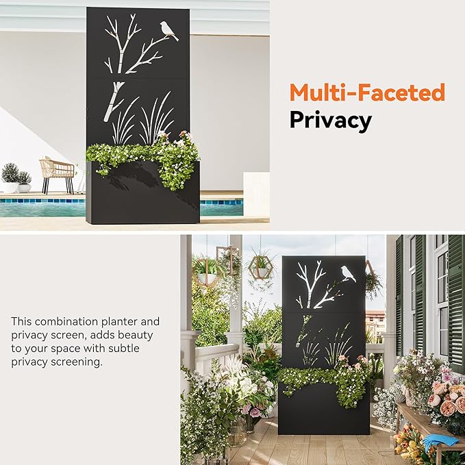 Modern Shade Metal Planter Box with Trellis Privacy Screen 4x6 FT Large Raised Garden Bed Multi-Functional Privacy Screen Outdoor with Drainage Holes for Climbing Plants Perch Meadow