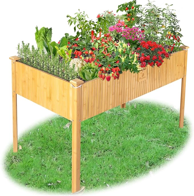 Raised Garden Bed 48x25x30 Inch Raised Bed Elevated Bamboo Planter Box with Legs Standing Growing Bed for Growing Fresh Herbs Vegetables Succulents Flowers