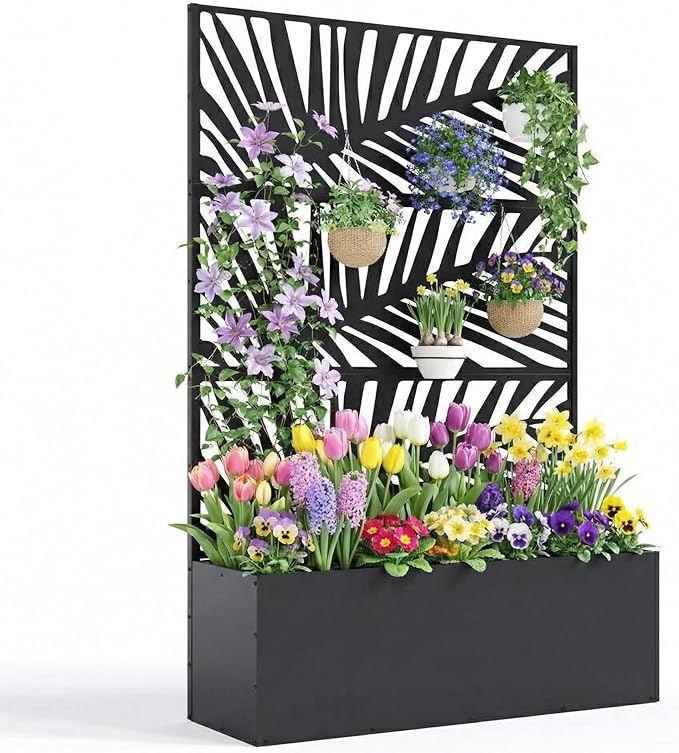 Metal Planter Box with Trellis 47X16X71 Raised Garden Bed Without Wheels Galvanized Metal Privacy Screen for Climbing Plants Vegetables Vines Patio Planters with Drainage Holes 16 Deep Bed