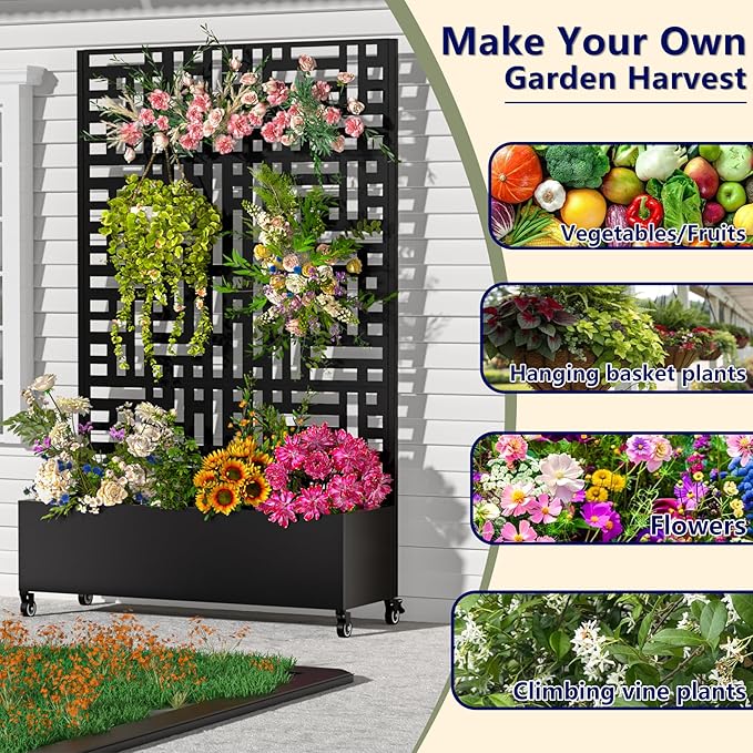 Metal Planter Box with Trellis72x47x16Galvanized Steel Outdoor Raised Garden Bed with Privacy Screenwith Drainage Holes &amp Lockable Casters for Climbing PlantsVegetablesand Vines(-JD)