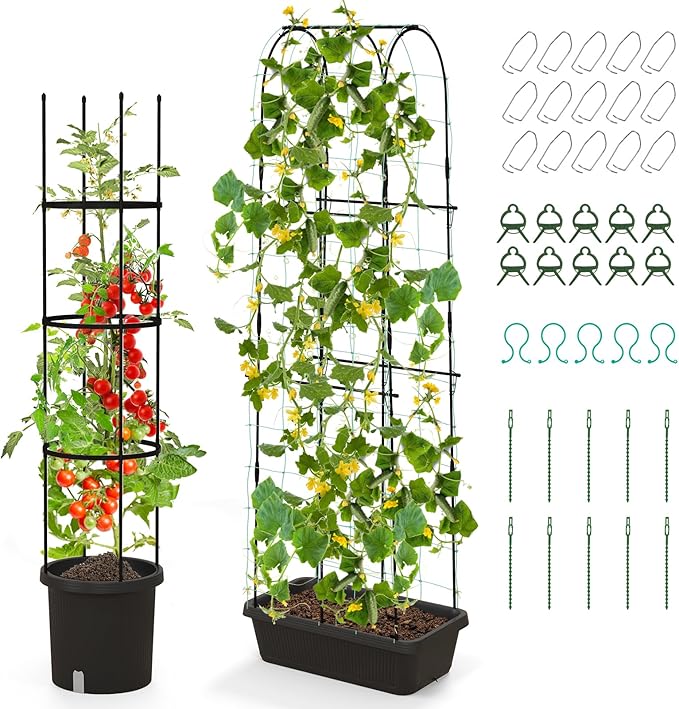 Giantex Set of 2 Raised Garden Bed w/Trellis &amp Plant Cage Planter Box w/ 71” Cucumber Trellis Round Raised Bed w/ 58.5” Tomato Cage PE-Coated Metal Adjustable Height for Climbing Plant