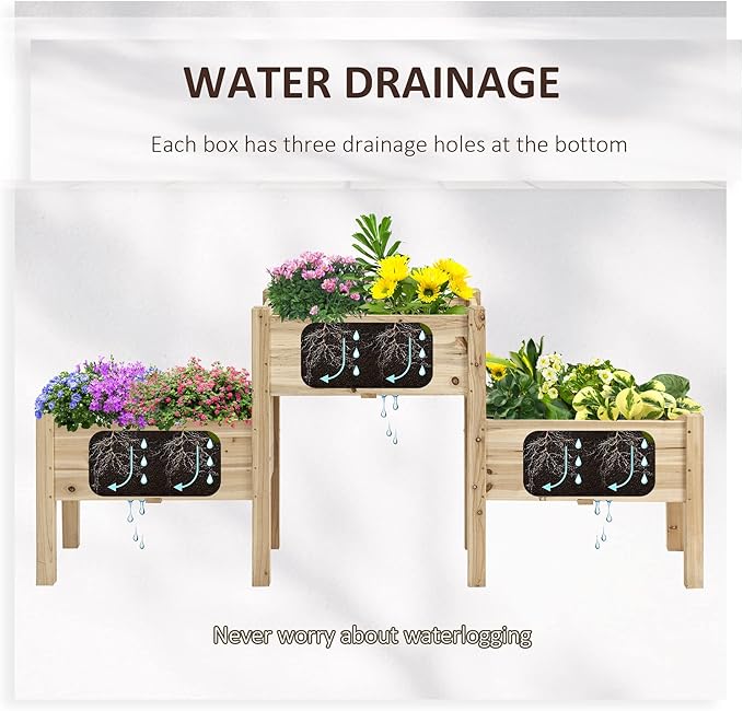 Raised Garden Bed with 3 Planter Box Elevated Wooden Plant Stand with Drainage Holes for Vegetables Herb and Flowers Natural