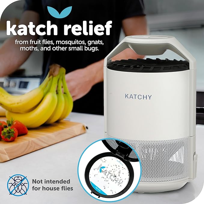 Katchy Indoor Fly Trap– Catcher &amp Killer for Mosquito Fruit Fly Gnat &amp Small Moth – Non-Zapper Trap with Fan Suction &amp Blue UV Light – Ideal for Indoor Spaces Kitchen &amp Plants (Orig