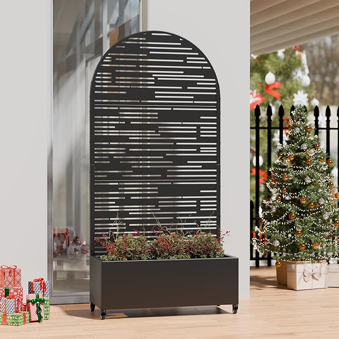 Casaphoria Metal Raised Garden Bed with Trellis and Wheels 72x35x16 Arched Planter Box for Climbing Plants Vegetables &amp Vines Features Drainage Holes and Privacy Screen (Black-Shine)
