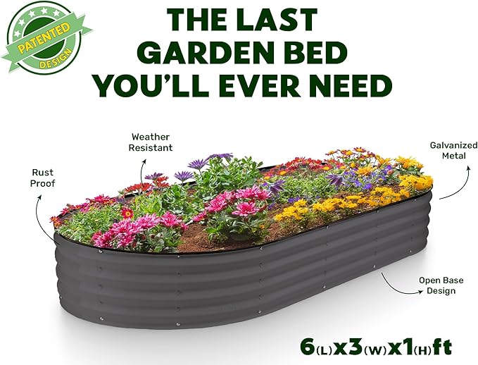 Plant &amp Plot Galvanized Raised Garden Beds Outdoor // 6×3×1 ft Planter Raised Beds for Gardening Vegetables Flowers // Large Metal Garden Box // Patented Tool-Free Design (Dark Gray)