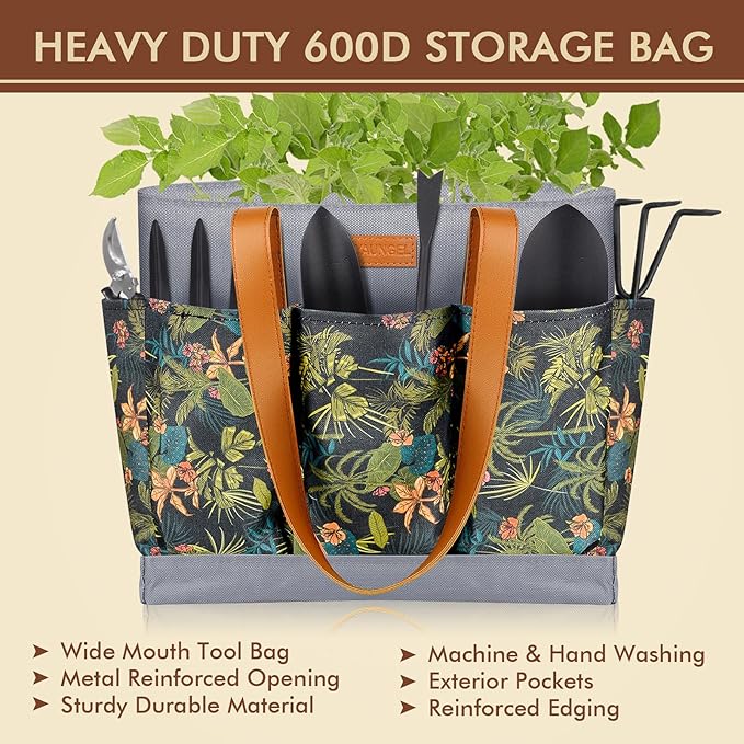 YAUNGEL Garden Tools - 10Pcs Garden Tool Set Heavy Duty Stainless Steel Gardening Supplies Hand Tools with Wooden Handle Storage Tote Bag Ideal Gardening Gifts for Women and Men Black