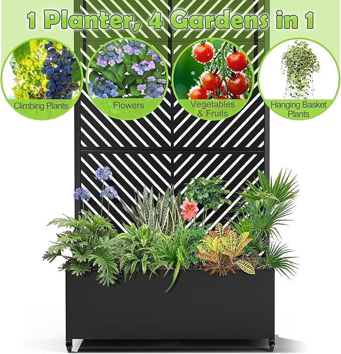 15.7×70.9×35.4 Metal Raised Garden Bed with Trellis and Wheels - Tall Trellis Planter Box for Climbing Plants Vegetables &amp Vines - Outdoor Privacy Planters for Patio (Black-Parallel)
