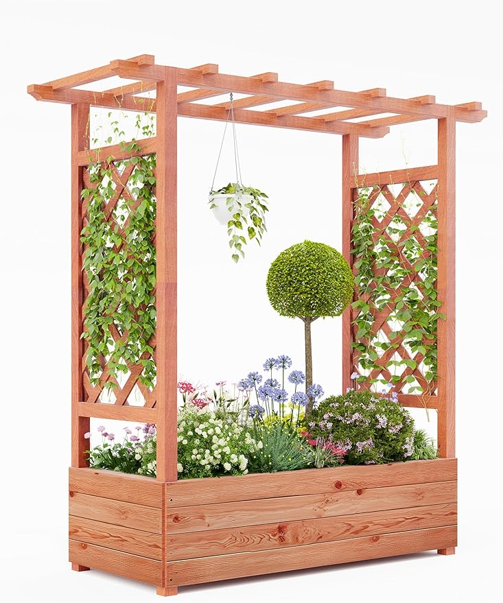 Raised Garden Bed with Trellis Wood Planter Box with Hanging Roof Side Trellis &amp Drainage Freestanding Garden Planter for Climbing Plants Vegetables Flowers
