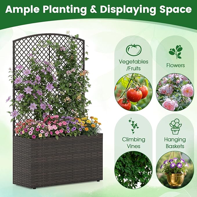 HAPPYGRILL Raised Garden Bed with Trellis 49 Wicker Planter Box w/Privacy Screen Liner Drainage for Patio Balcony Outdoor PE Rattan Elevated Garden Bed for Climbing Plant Vine Flower (Brown2)
