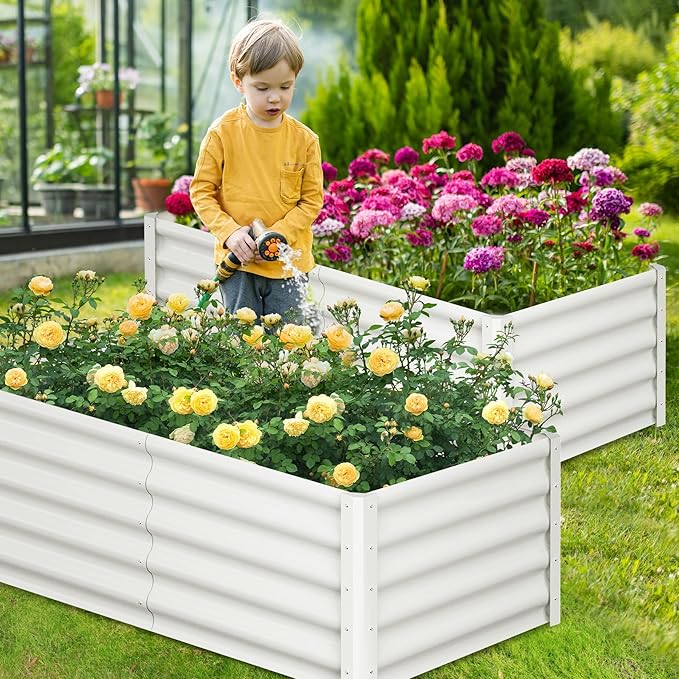 CABIHOME 2-Packs Raised Garden Bed 6x3x1.5 ft Metal Raised Garden Beds Outdoor Rectangular Planter Box for Planting Plants Vegetables and Flower White