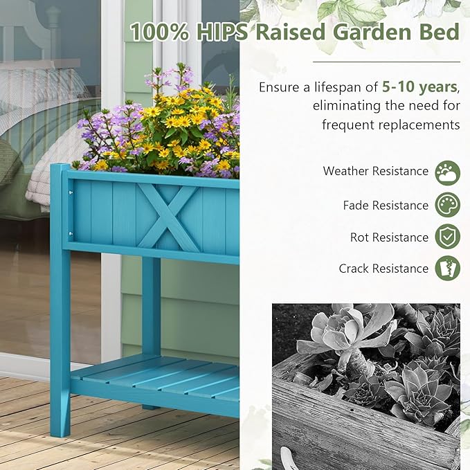 Giantex HIPS Raised Garden Bed Elevated Planter Box w/Legs Storage Shelf Drainage Holes Weather-Proof Standing Raised Beds for Backyard Porch Balcony Flower Herb (Blue 44 x 18 x 29)