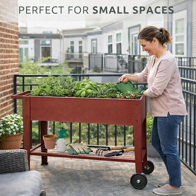 InSideOut Elevated 40 Raised Garden Bed Outdoor with Wheels &amp Shelf for Mobility Metal Planter Box for Vegetables/Herbs Patio-Balcony-Backyard (Red)
