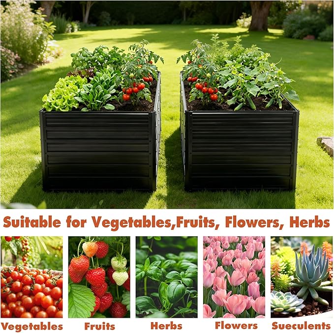2 Pack Metal Raised Garden Bed Kit Outdoor 8x4x2 FT Galvanized Planter Boxes Set Rectangle Vegetable Flower Beds for Herbs Fruits Planting (Black)